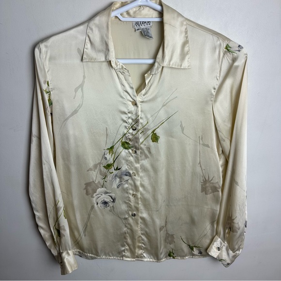 Vintage 100% Silk Blouse Women’s Medium Button Up Shirt Allison Taylor Floral - Picture 7 of 7